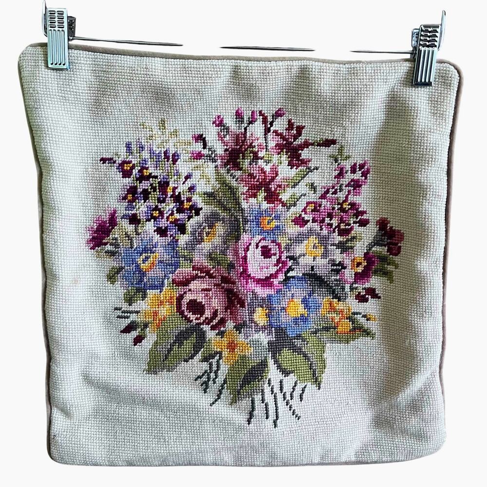 Antique Victorian Gilt & Floral Hand Stitch Needlepoint Pillowcase 15x15 (D486)